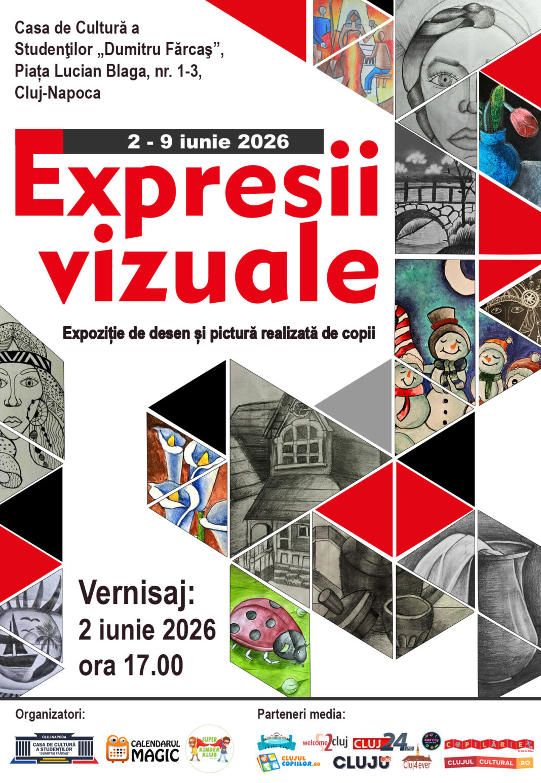 Afișul expoziției de desen și pictură „Expresii vizuale”, realizată de copii la Casa de Cultură a Studenților „Dumitru Fărcaș” din Cluj-Napoca, 2–9 iunie 2026